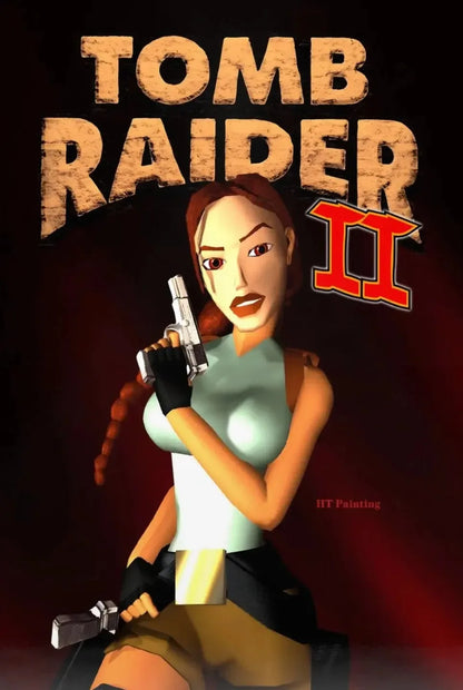 A stylized digital illustration of lara croft with reddish-brown braided hair on a hd printed canvas poster for gamer room decor