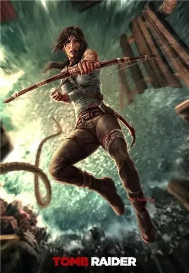 A dynamic illustrated tomb raider lara croft mid-leap with bow and arrow on hd printed canvas wall art poster