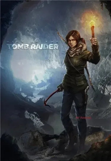 Lara Croft canvas painting in green tactical outfit with glowing torch for modern gamer room wall decor