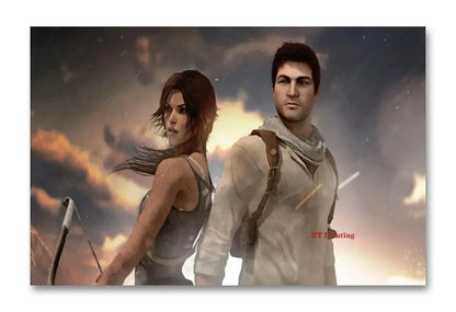 Digital illustration poster of lara croft and male companion from tomb raider series printed on hd canvas for gamer room decor