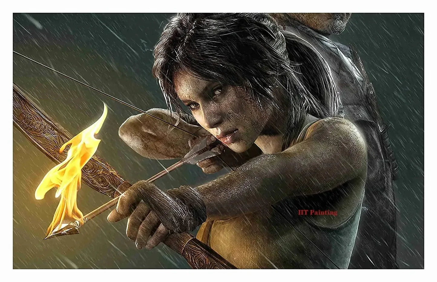 Canvas painting wall art of a fiery carved wooden bow with flaming arrowhead for tomb raider gamer room decor