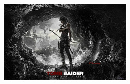 Black-and-white canvas poster of tomb raider survivor holding bow in stormy cave for modern gamer room decor