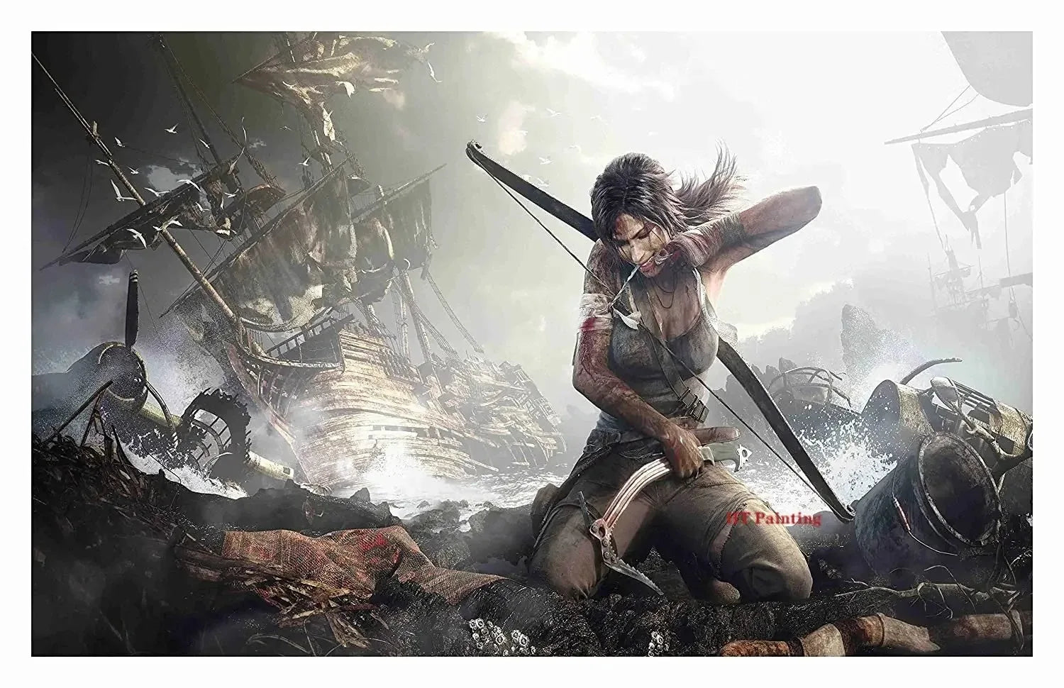 Hot video game tomb raider canvas painting featuring lara croft in dark outfit with bow amid wreckage and ships for gamer decor