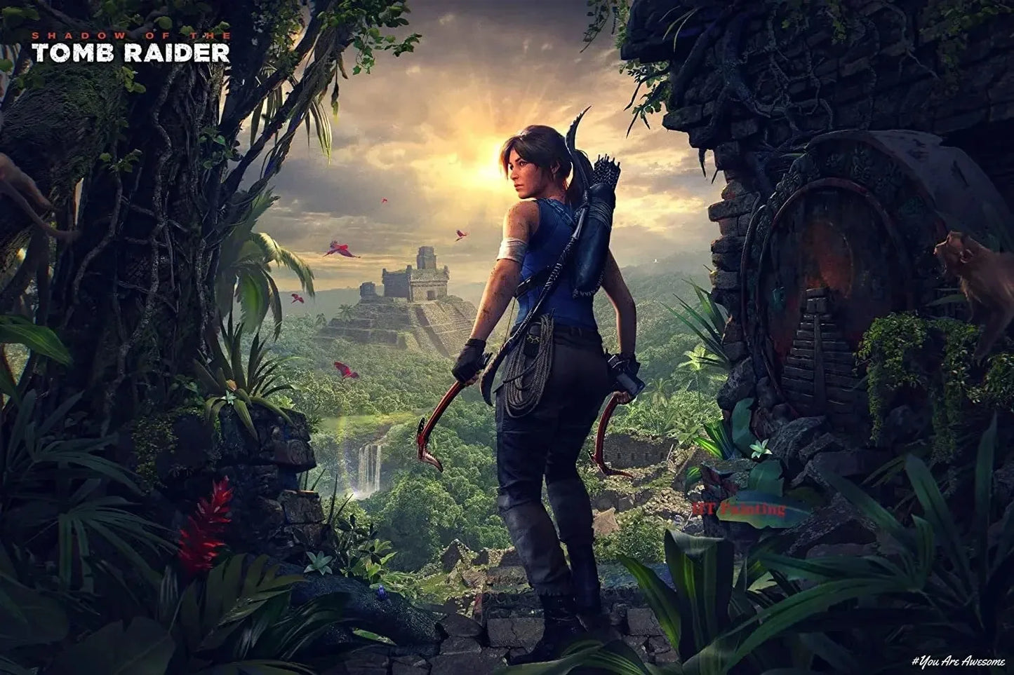 Blue sleeveless fitted top with visible stitching and dark straps worn by character in tomb raider canvas wall art