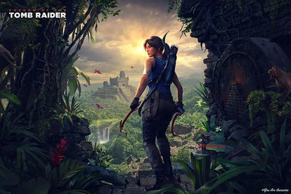 Blue sleeveless fitted top with visible stitching and dark straps worn by character in tomb raider canvas wall art
