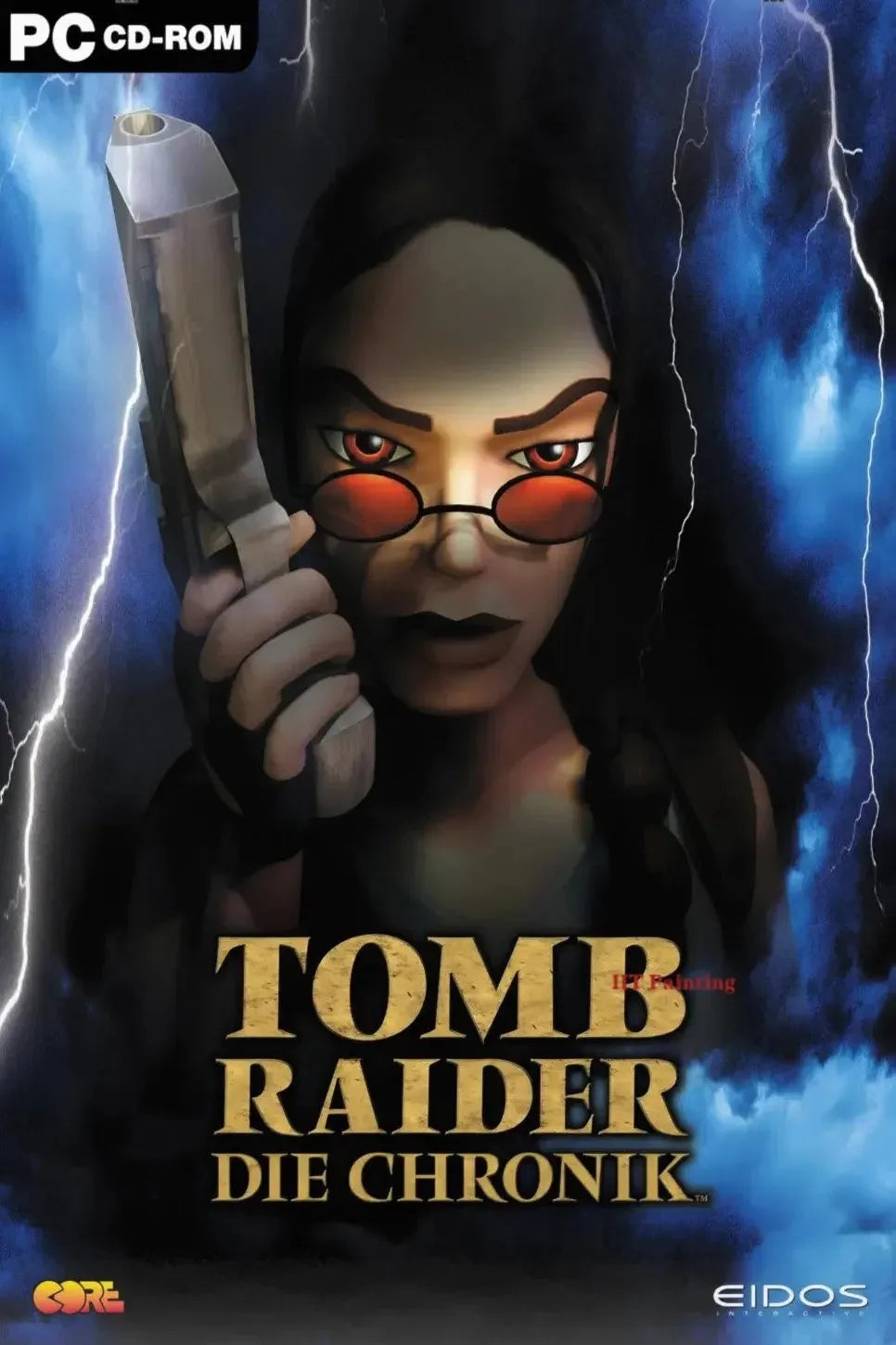 Hot vedio game tomb raider 1/2/3 hd printed canvas painting featuring a woman with red glasses and silver pistol against blue lightning