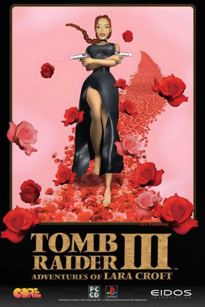 Hot vedio game tomb raider poster featuring a woman in a black satin dress with high slit holding pistols amid red roses