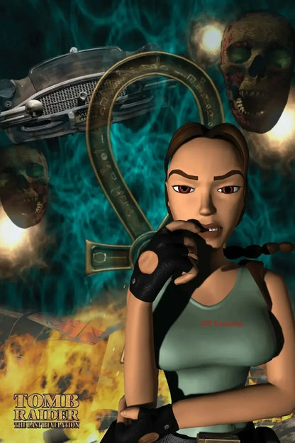 A digital illustration of lara croft in a green tank top on a hd printed canvas painting for gamer room decor