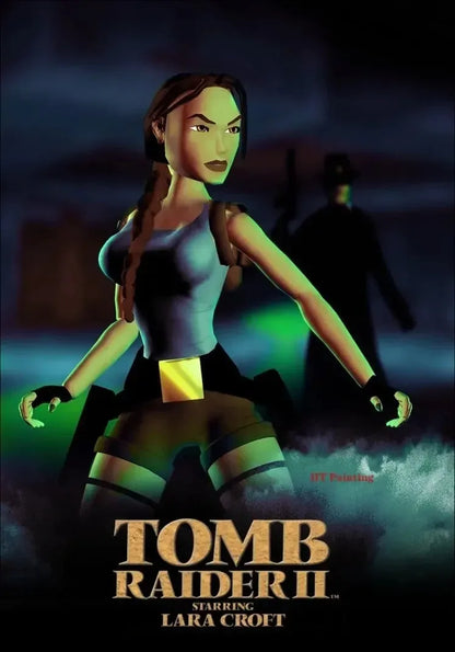 Hot video game tomb raider 2 poster featuring lara croft in blue tank top and black shorts printed on hd canvas wall art