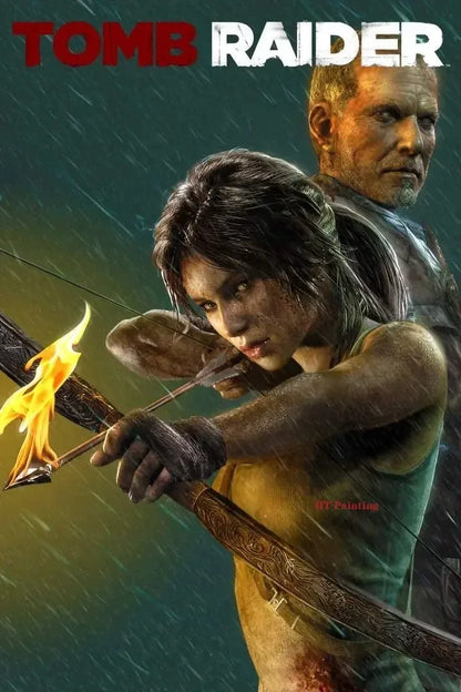Tomb raider movie poster canvas wall art featuring woman in green tank top with ornate bow and flaming arrow behind man