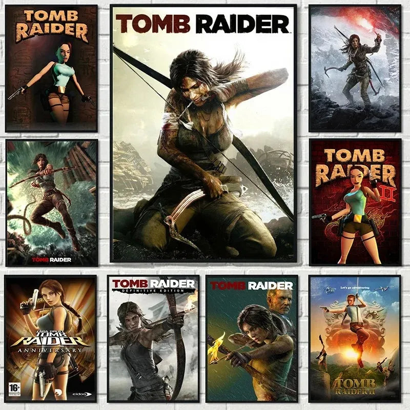 A collection of hd printed canvas tomb raider posters featuring action poses on a white brick wall for gamer decor