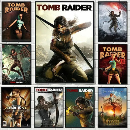 A collection of hd printed canvas tomb raider posters featuring action poses on a white brick wall for gamer decor