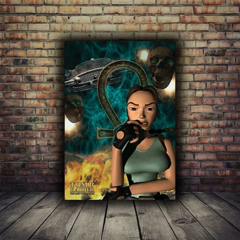 Hot video game tomb raider poster hd printed canvas featuring a digital illustration of lara croft in green tank top