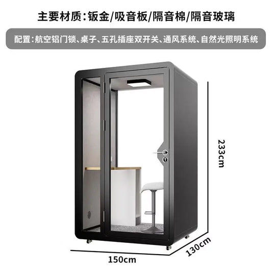 Black-framed acoustic privacy booth with transparent glass doors white furniture and gold accents for studio mobile phone use