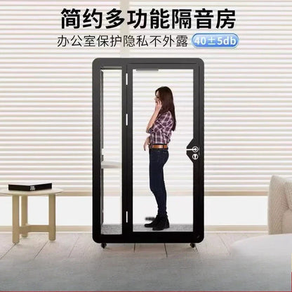 Black-framed minimalist office soundproof booth with glass doors and wheels for household piano silent and studio mobile phone use