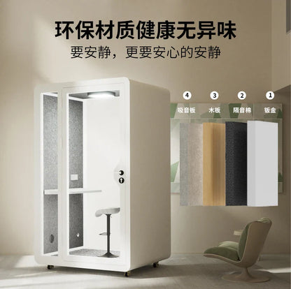White modern soundproof office pod with built-in lighting for household piano silent studio mobile phone use