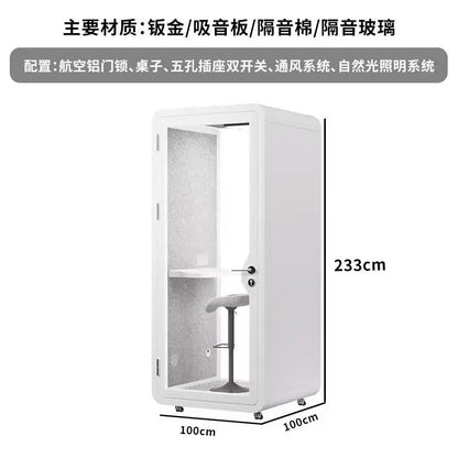White rectangular acoustic privacy booth with frosted glass door shelf and bar stool for household piano silent studio mobile phone use