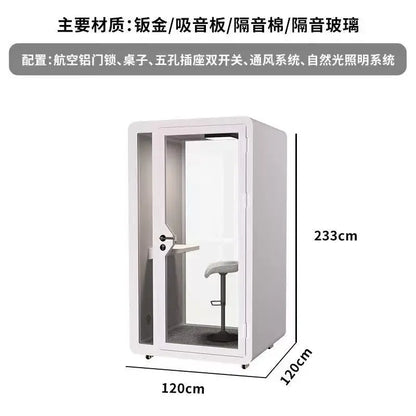 White rectangular acoustic privacy booth with glass door and integrated desk for household piano silent studio mobile phone use