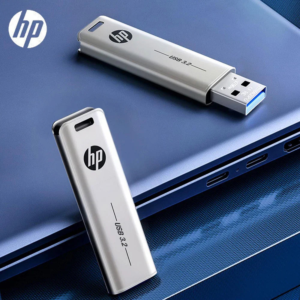 Silver hp usb 3.2 flash drive with sleek metallic finish and blue accent available as pendrive 128gb 256gb and drive 32gb 64gb
