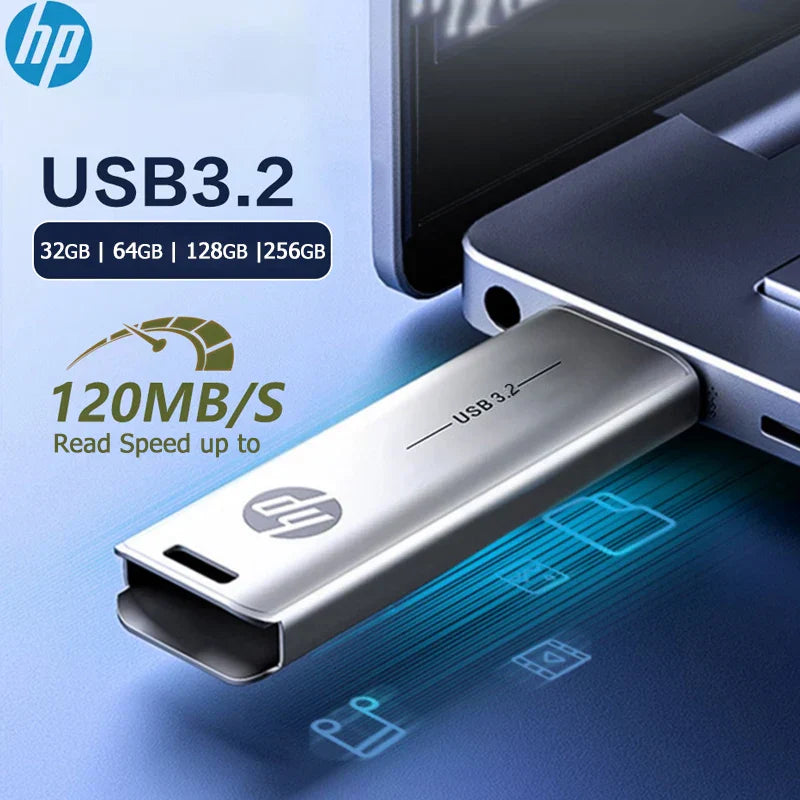 Silver hp usb3.2 flash drive with sleek metallic finish and engraved branding available in drive 32gb 64gb and pendrive 128gb 256gb