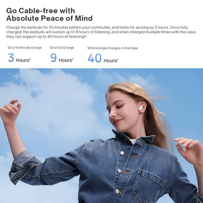 Woman wearing white huawei freebuds se 2 wireless earbuds with charge ip54 bluetooth against blue sky in denim jacket