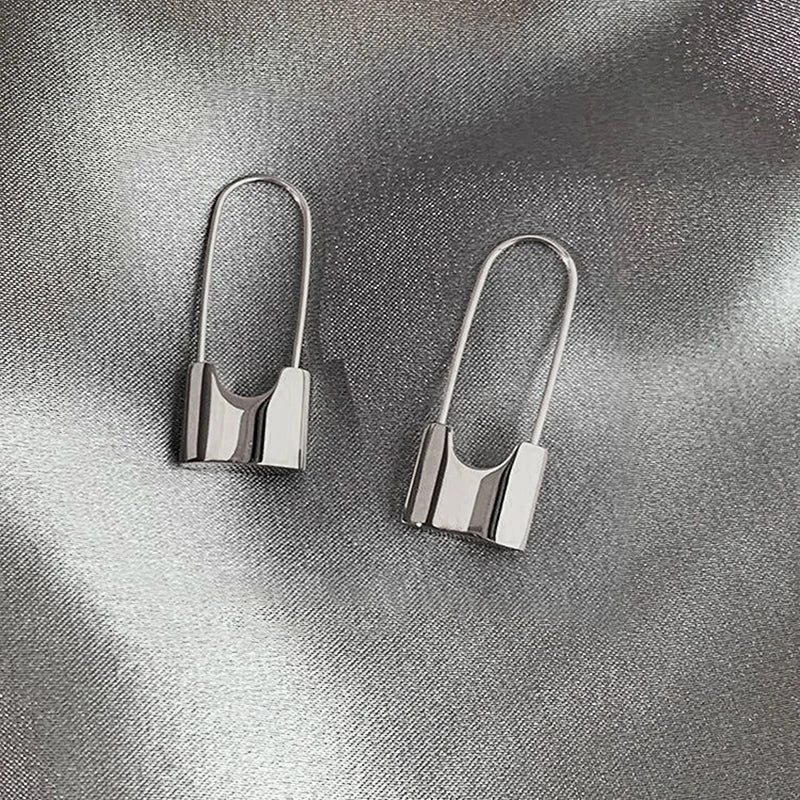 Silver huitan hip hop lock earrings with minimalist safety pin design and polished metallic finish for daily wear