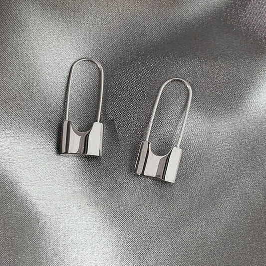 Silver huitan hip hop lock earrings with minimalist safety pin design and polished metallic finish for daily wear