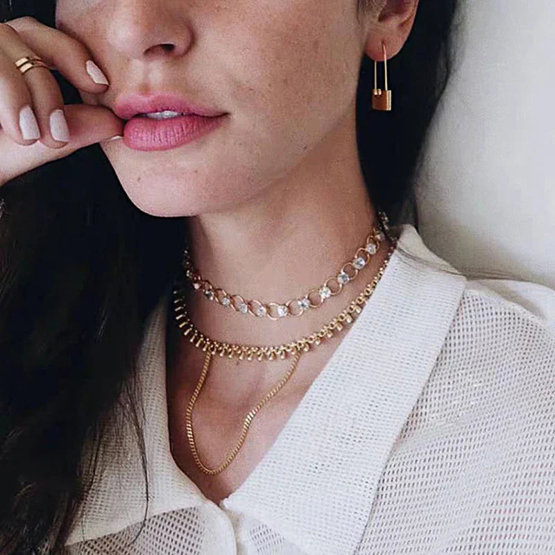 Gold-toned layered choker necklace with clear crystal accents and delicate chain design for huitan hip hop piercing cool accessories