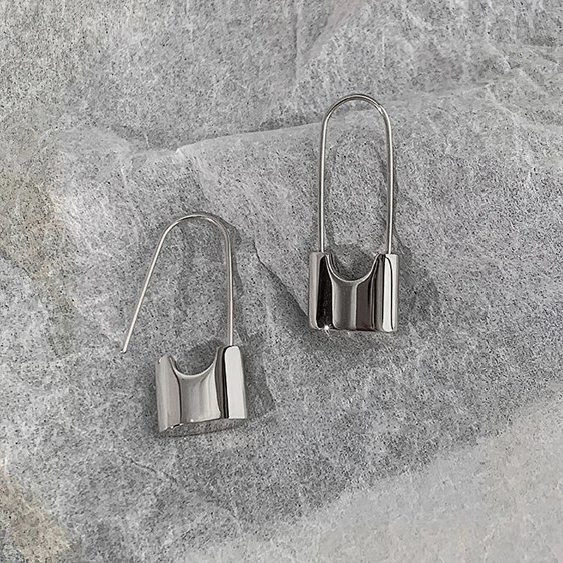 Silver huitan hip hop lock earrings with sleek minimalist design polished metallic finish piercing cool accessories