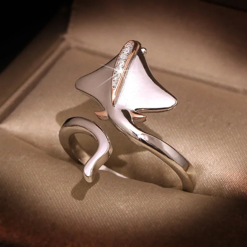 Silver manta ray huitan hip hop opening adjustable ring for women cute fish design with clear crystals and glossy finish