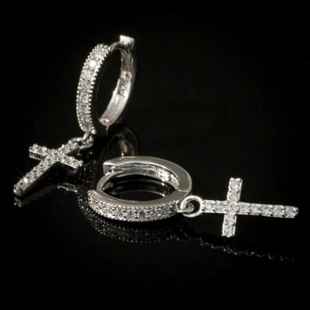 Silver huggie hoop earrings with dazzling crystal zirconia and arrow cross-shape drop for huitan stylish arrow hiphop party