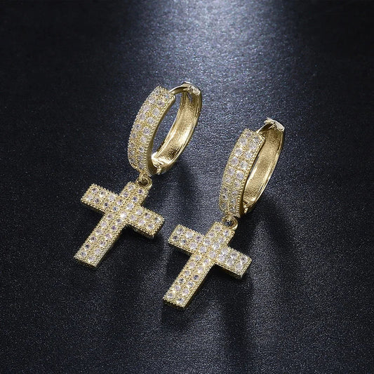 Gold-colored hoop earrings with dazzling crystal zirconia pave-set cross pendant for zirconia hiphop party by huitan stylish arrow