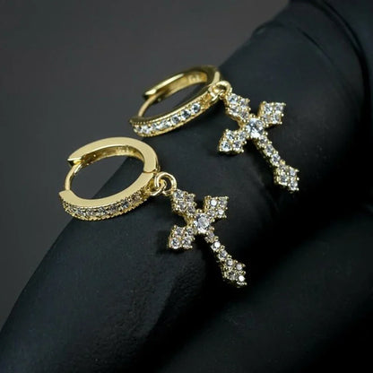 Gold hoop earrings with dazzling crystal zirconia cross charms from huitan stylish arrow for zirconia hiphop party