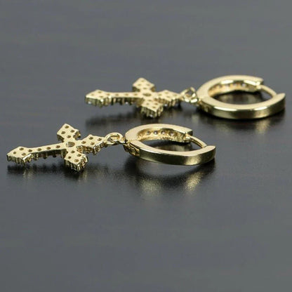 Gold hoop earrings with dangling textured arrow cross charms featuring dazzling crystal zirconia for hiphop party