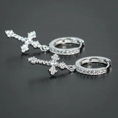 Silver huggie earrings with dazzling crystal zirconia cross charms from huitan stylish arrow for zirconia hiphop party