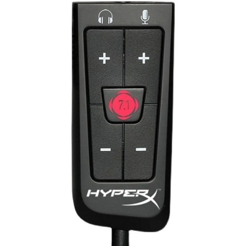 Black HyperX 7.1 surround sound card with volume and mic controls featuring red illuminated 7.1 button for virtual surround sound