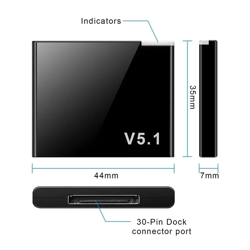 Black rectangular i-wave 30 pin bluetooth 5.1 audio receiver a2dp mini wireless adapter for iphone ipod 30pin jack