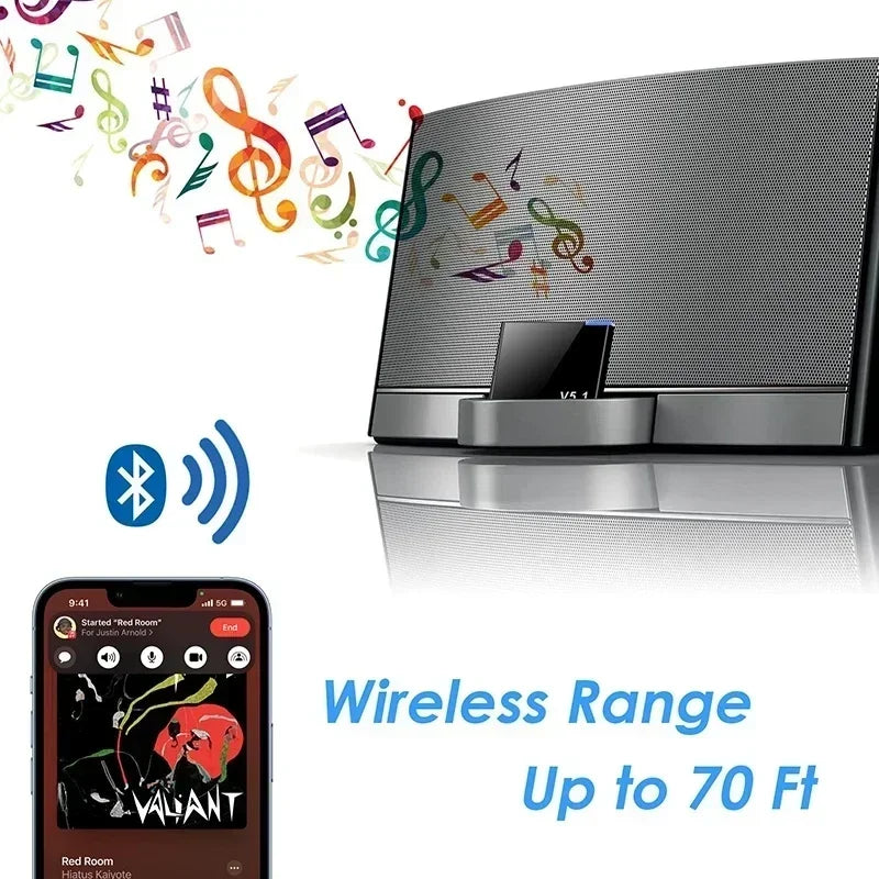 Silver metallic bose soundtouch 3.0 speaker with perforated grille paired with i-wave mini wireless adapter audio receiver a2dp ipod 30pin jack