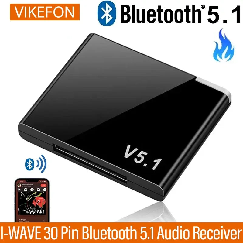 Black vikefon bluetooth 5.1 audio receiver a2dp with sleek glossy finish and ipod 30pin jack mini wireless adapter
