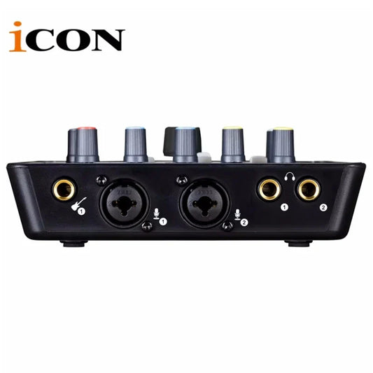 Black icon upod pro usb recording interface with four gray knobs and gold-plated input jacks for 2-out usb recording