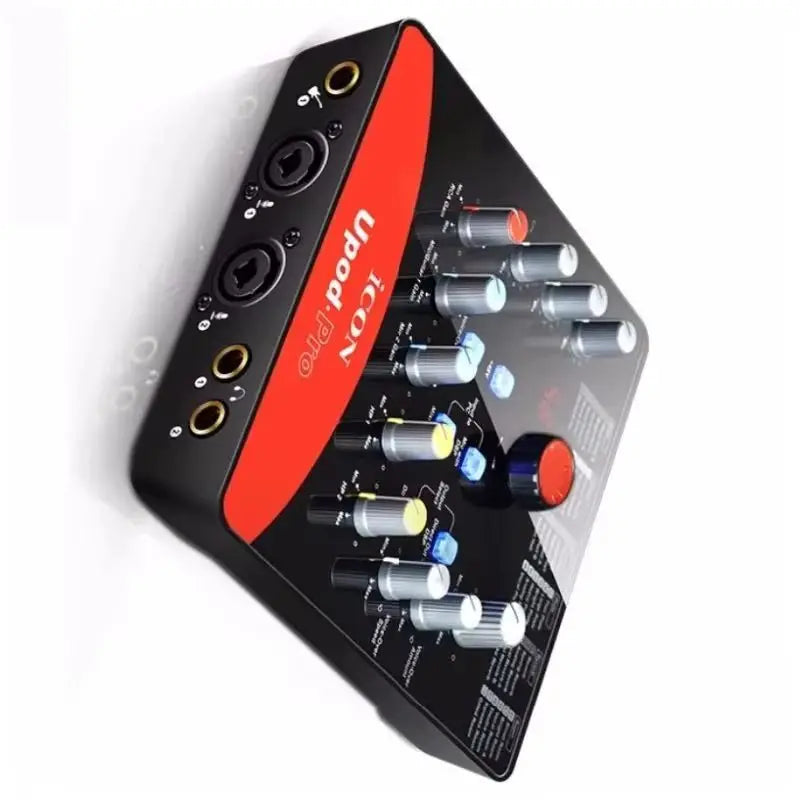Black and red icon upod pro usb recording interface with silver knobs colorful buttons and gold-plated input jacks