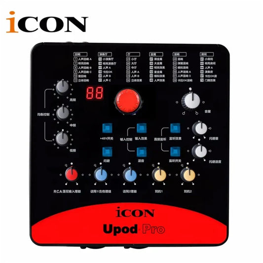 Black and red icon upod pro professional external sound card with multiple knobs buttons and central red button usb recording interface