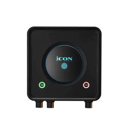 Black usb recording interface with glowing blue logo and mic in and 48v indicators in usolo live professional model