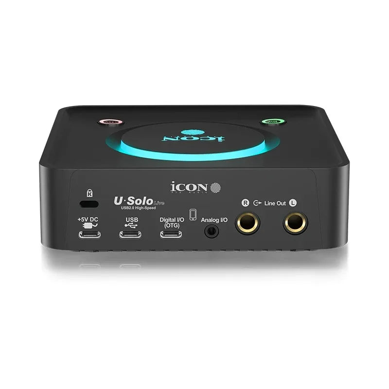 Black icon usolo live professional usb recording interface with glowing blue light ring and gold analog line out jacks
