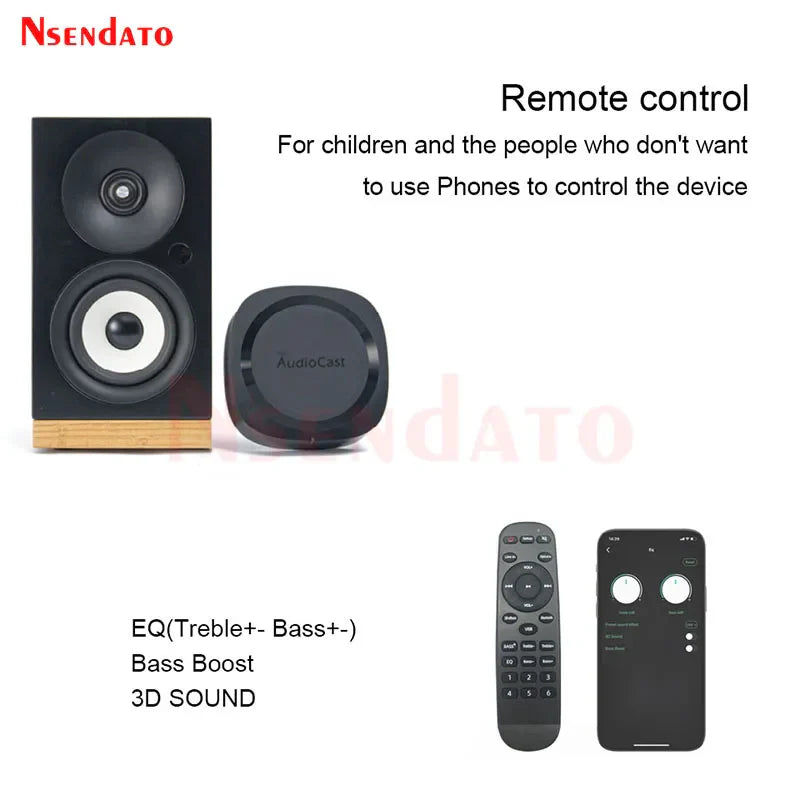 Black nsendato ieast audiocast pro m20 wireless wifi audio speaker with wooden base and dual circular drivers