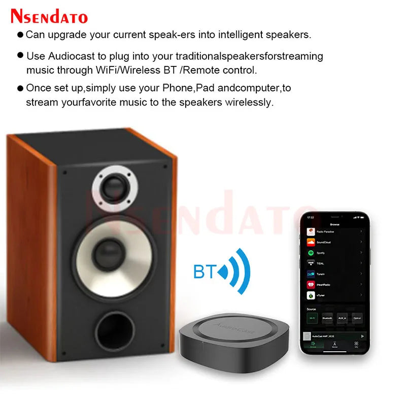 Black and wood-finished ieast audiocast pro m20 wireless wifi audio adapter with silver accents for multi room use