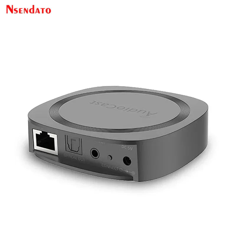 Gray ieast audiocast pro m20 wireless wifi audio receiver with matte finish and multiple connectivity ports shown from the back side