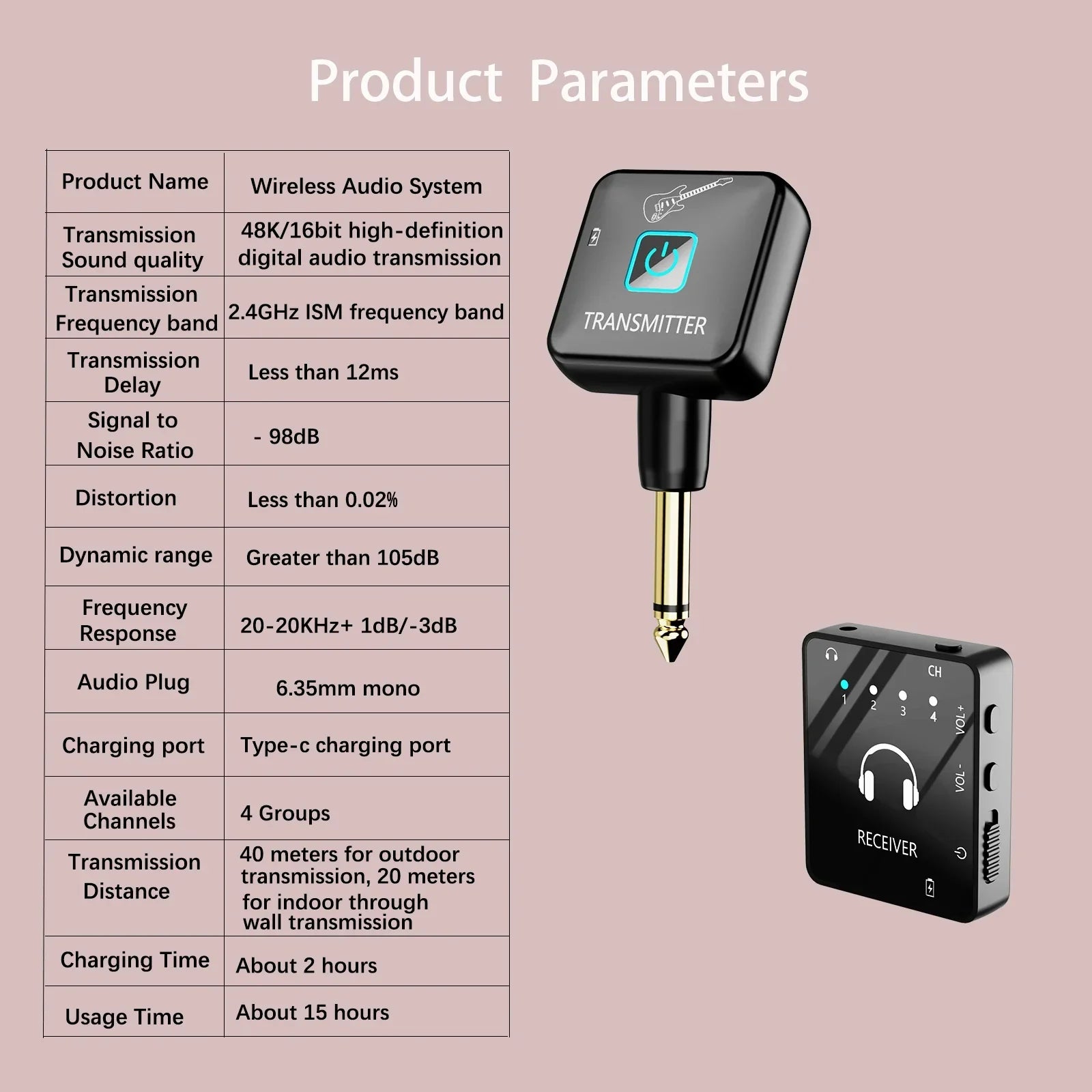Black wireless in-ear monitor iem system with gold-plated 6.35mm plug and lavalier receiver for band rehearsal