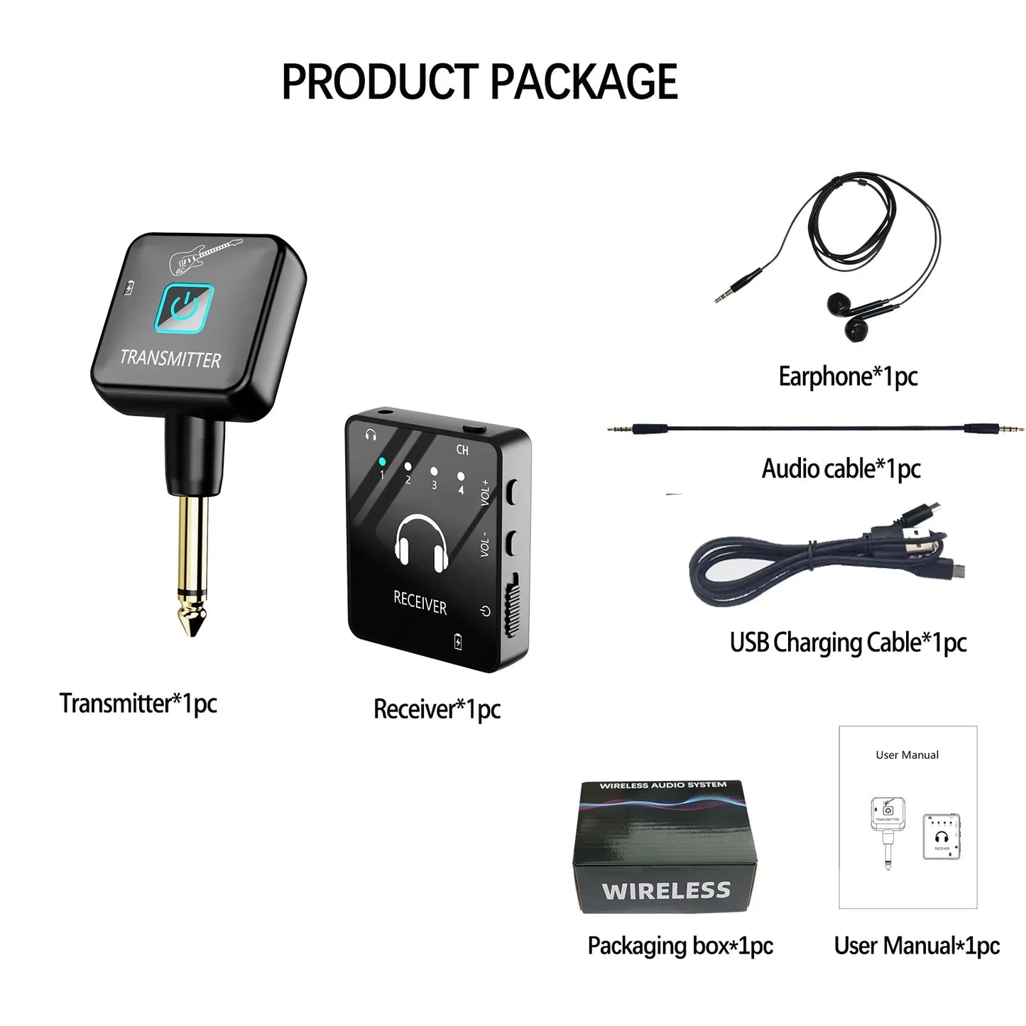Black wireless audio transmitter with gold 1/4 inch plug and logo for wireless in-ear monitor and lavalier receiver use in band rehearsal