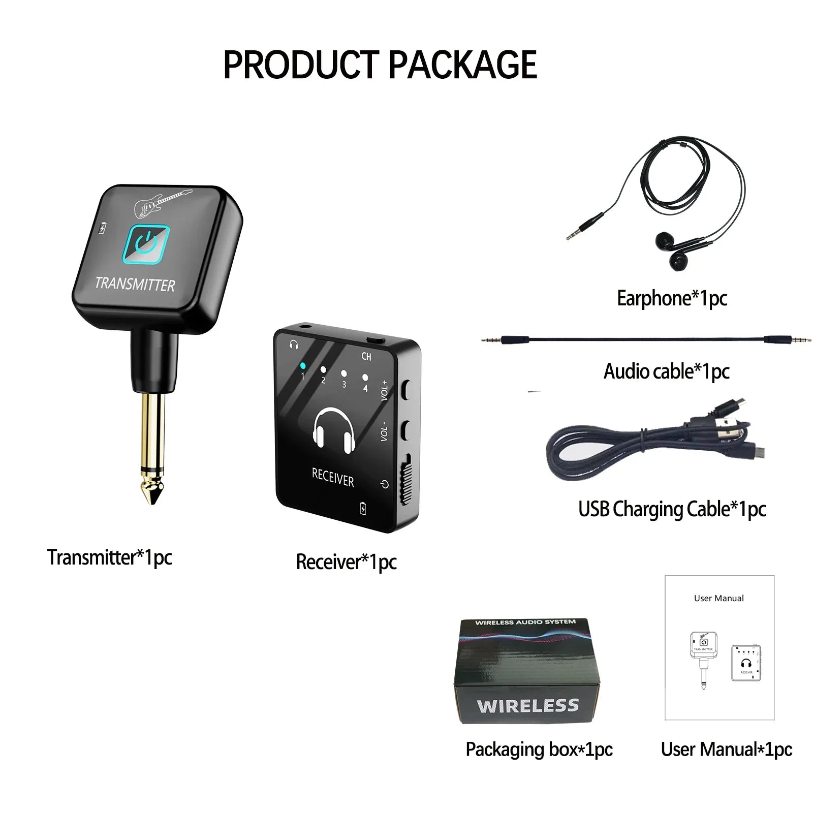 Black wireless audio transmitter with gold 1/4 inch plug and logo for wireless in-ear monitor and lavalier receiver use in band rehearsal